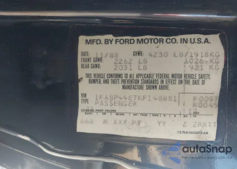 1989 Ford Mustang Lx from USA, damaged, VIN 1FABP44E7KF148881